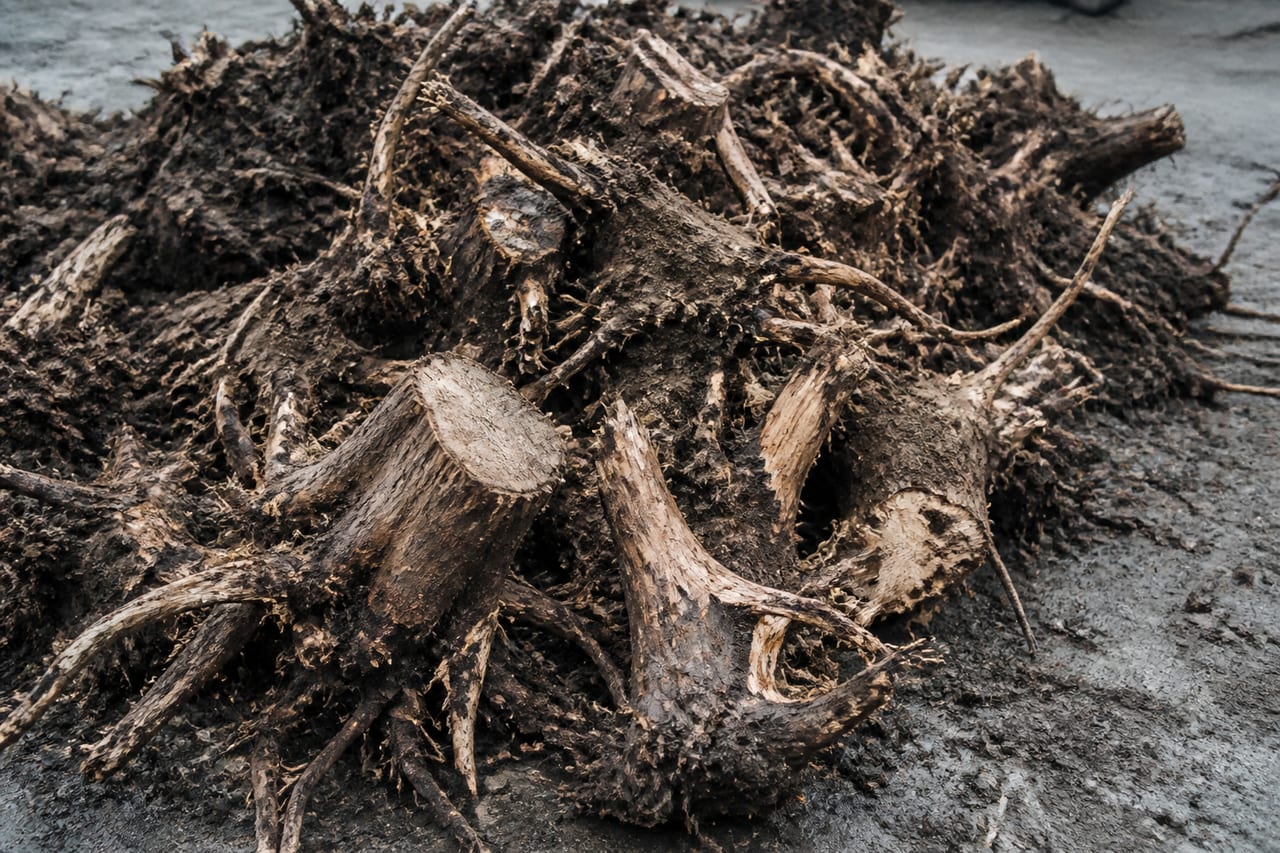 Soil-covered tree stumps and tangled rootstocks