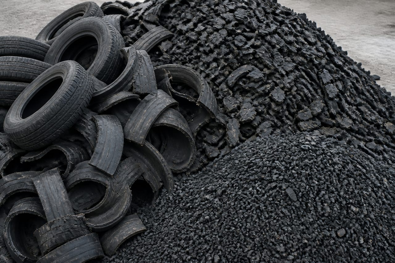 Worn tyres, cut rubber and recycled rubber granulate