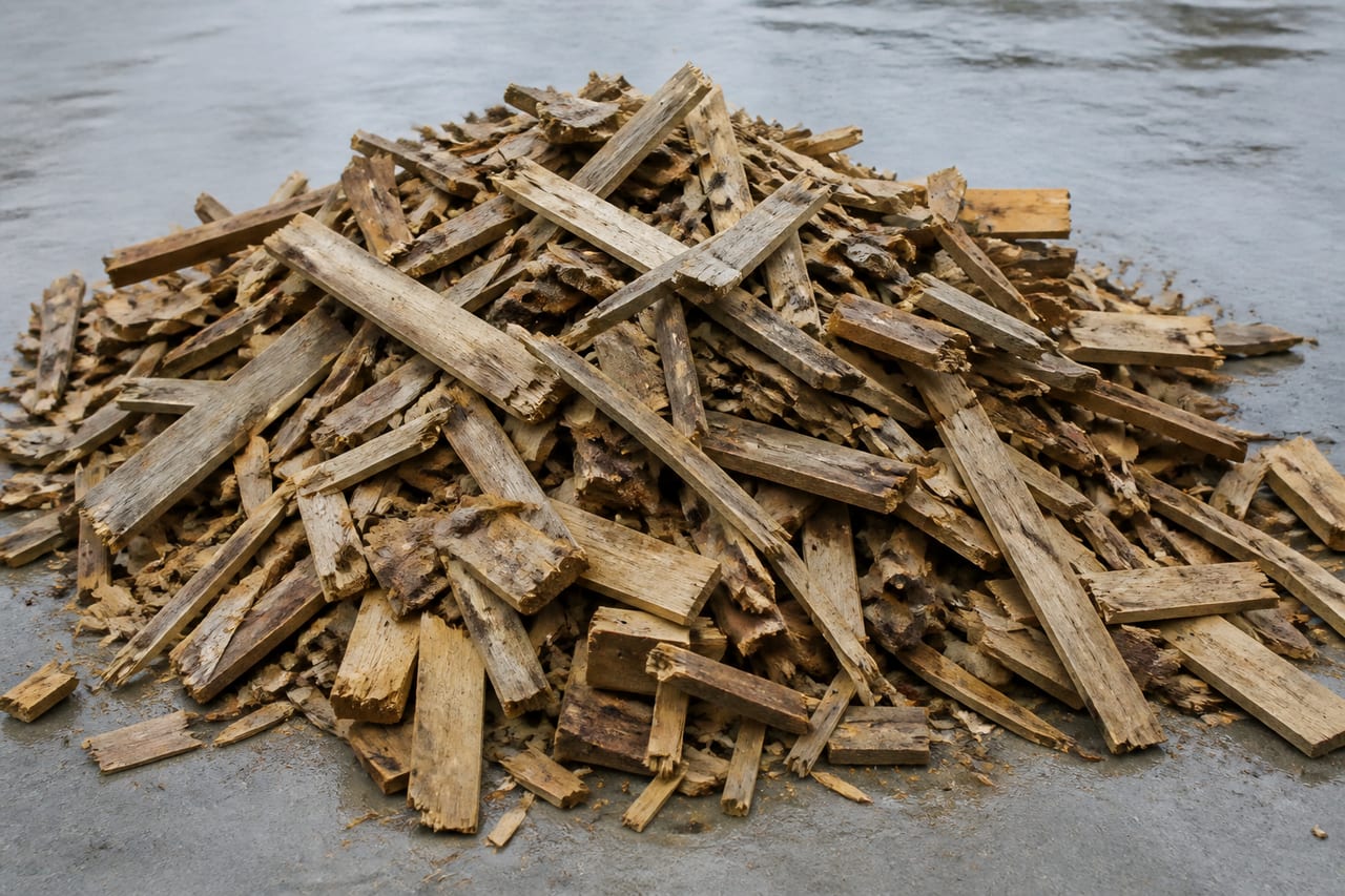 Mixed broken timber and waste wood